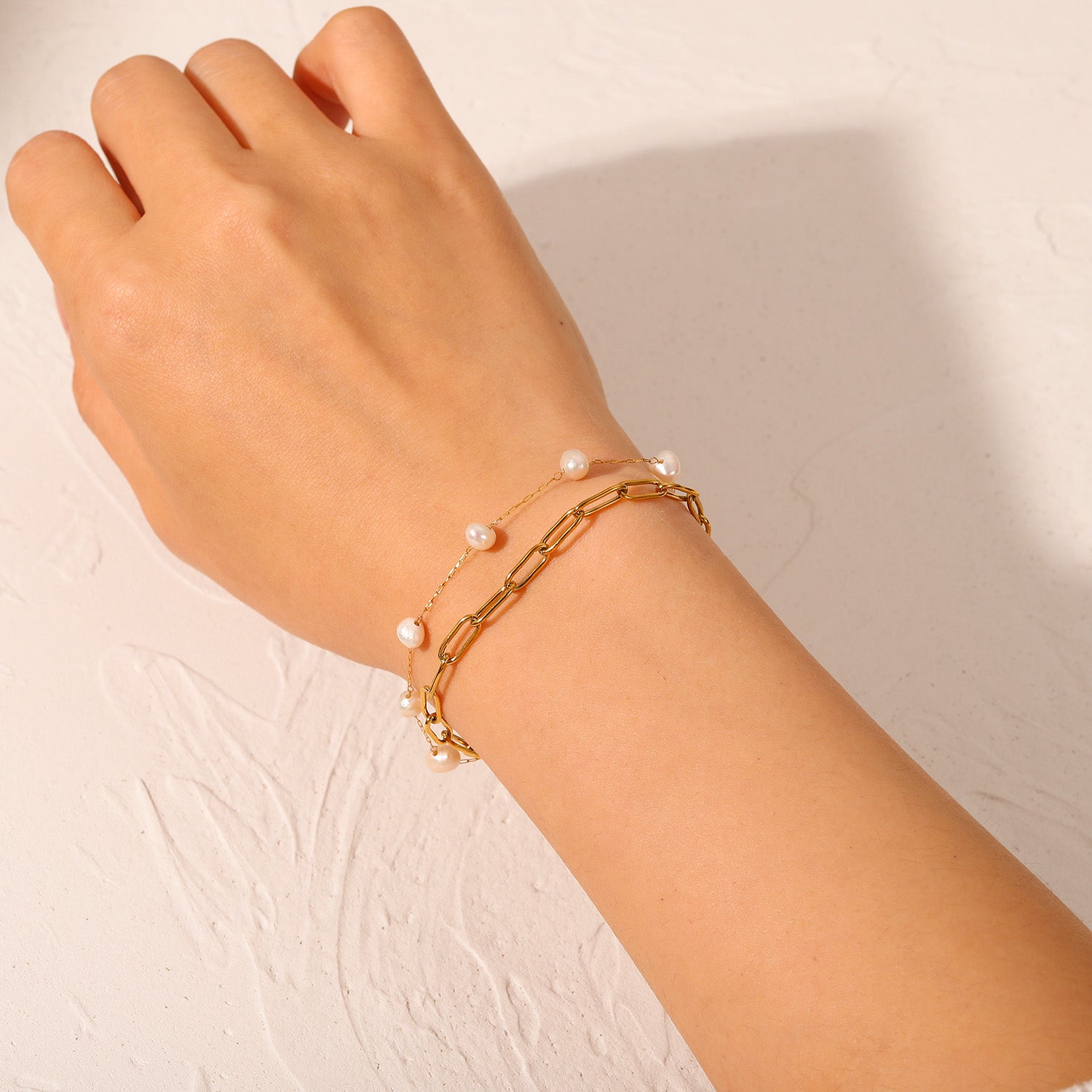 Paper Chain Pearl Bracelet 18K Gold Stainless Steel Non Tarnish Unbranded