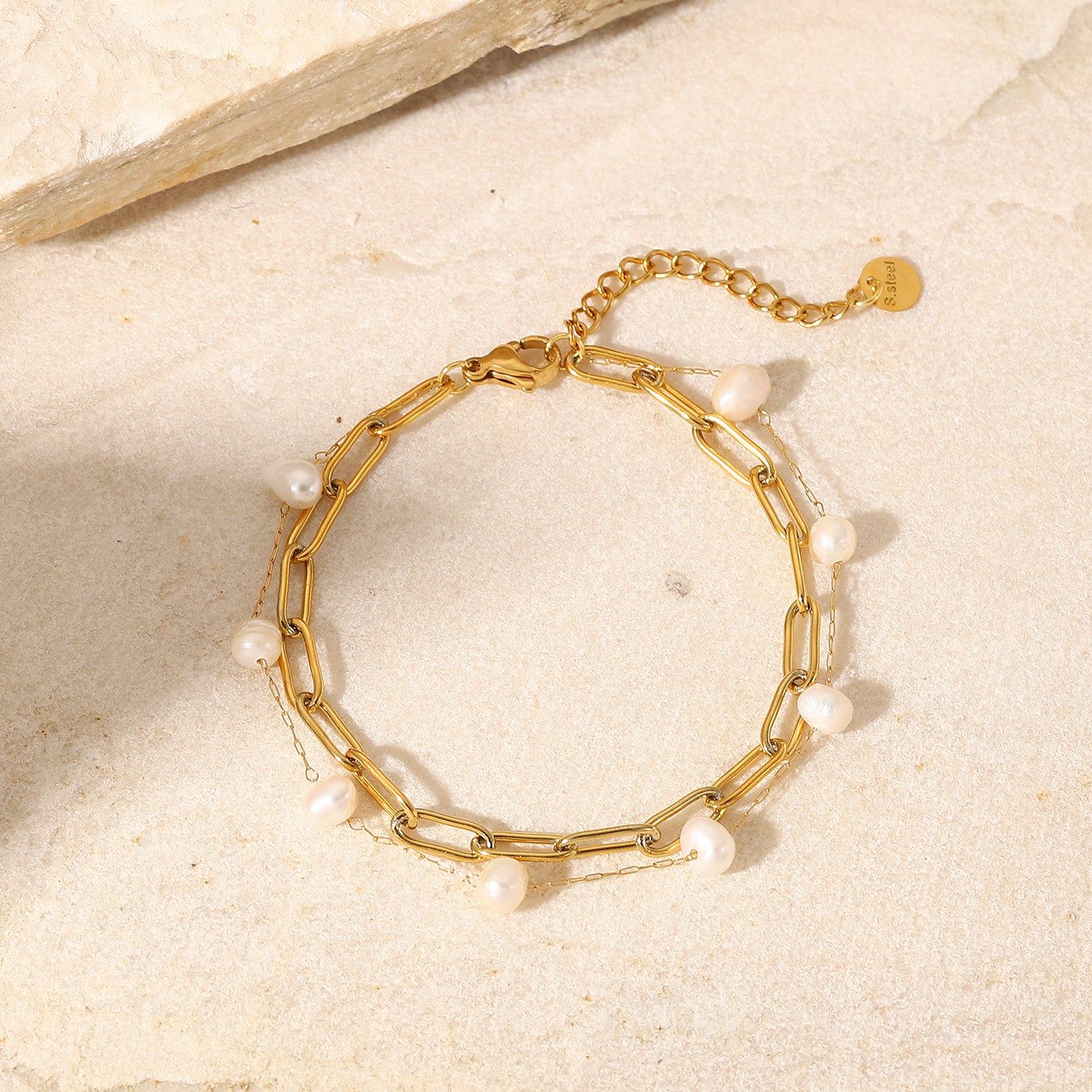 Paper Chain Pearl Bracelet 18K Gold Stainless Steel Non Tarnish Unbranded