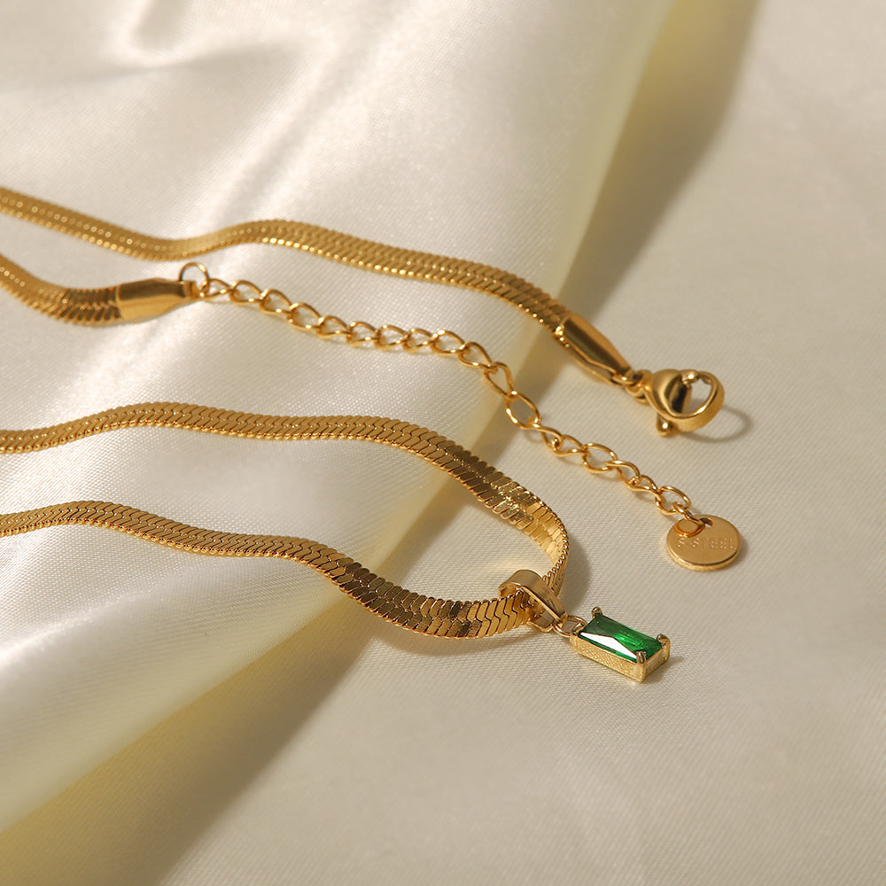 Melody Snake Chain Emerald Zirconia Pendant Necklace Stainless Steel Non Tarnish Unbranded