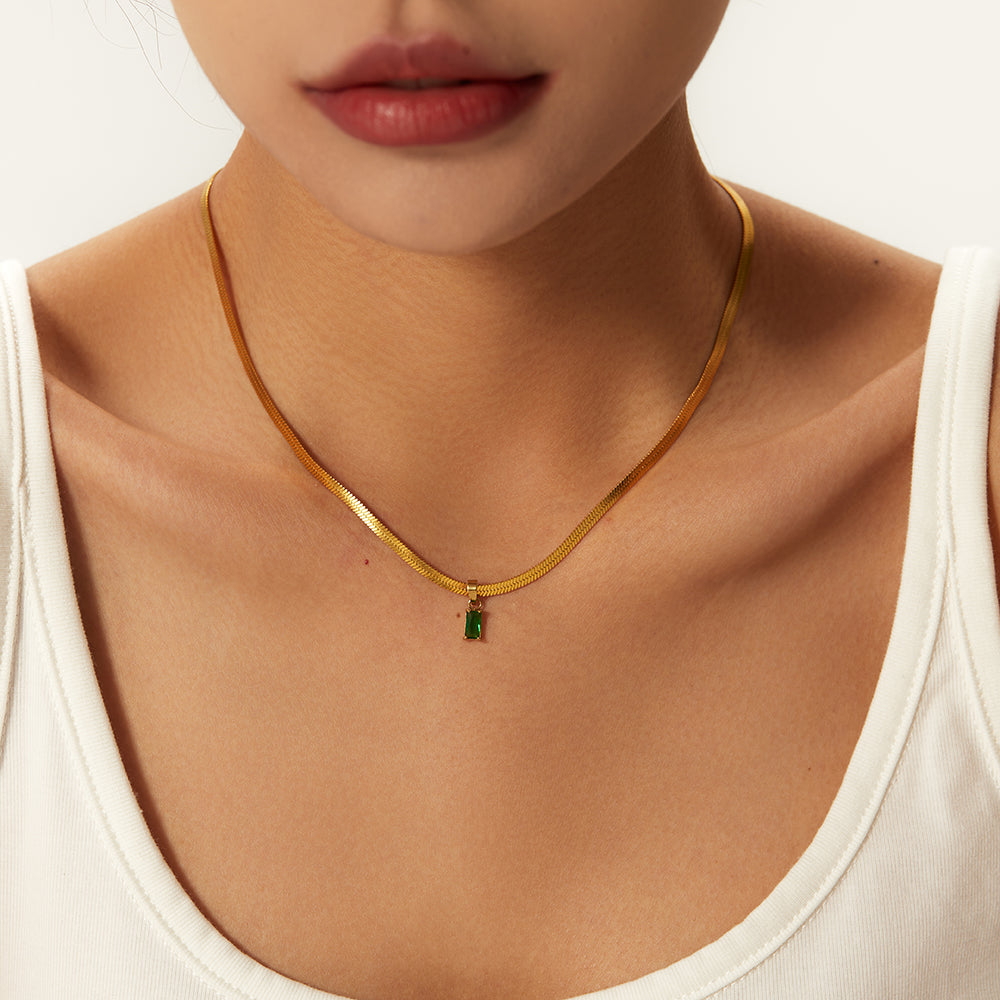 Melody Snake Chain Emerald Zirconia Pendant Necklace Stainless Steel Non Tarnish Unbranded