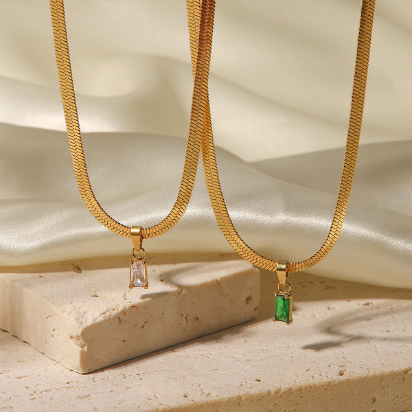 Melody Snake Chain Emerald Zirconia Pendant Necklace Stainless Steel Non Tarnish Unbranded