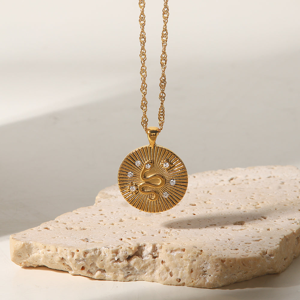 Serpent Stone Necklace Cubic Zirconia Pendant Gold Stainless Steel Non Tarnish Unbranded
