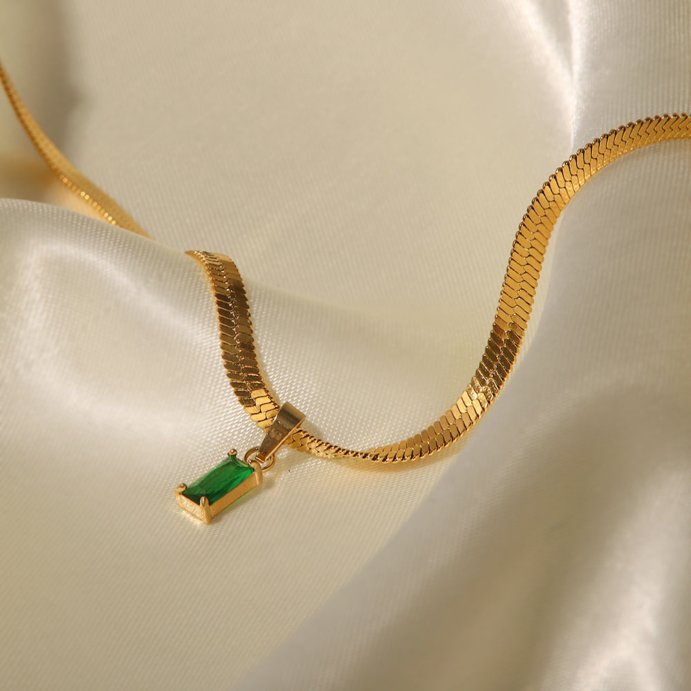 Melody Snake Chain Emerald Zirconia Pendant Necklace Stainless Steel Non Tarnish Unbranded