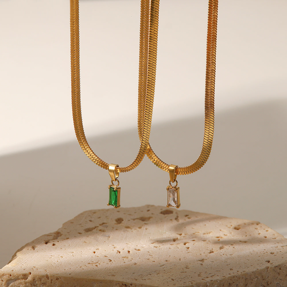 Melody Snake Chain Emerald Zirconia Pendant Necklace Stainless Steel Non Tarnish Unbranded