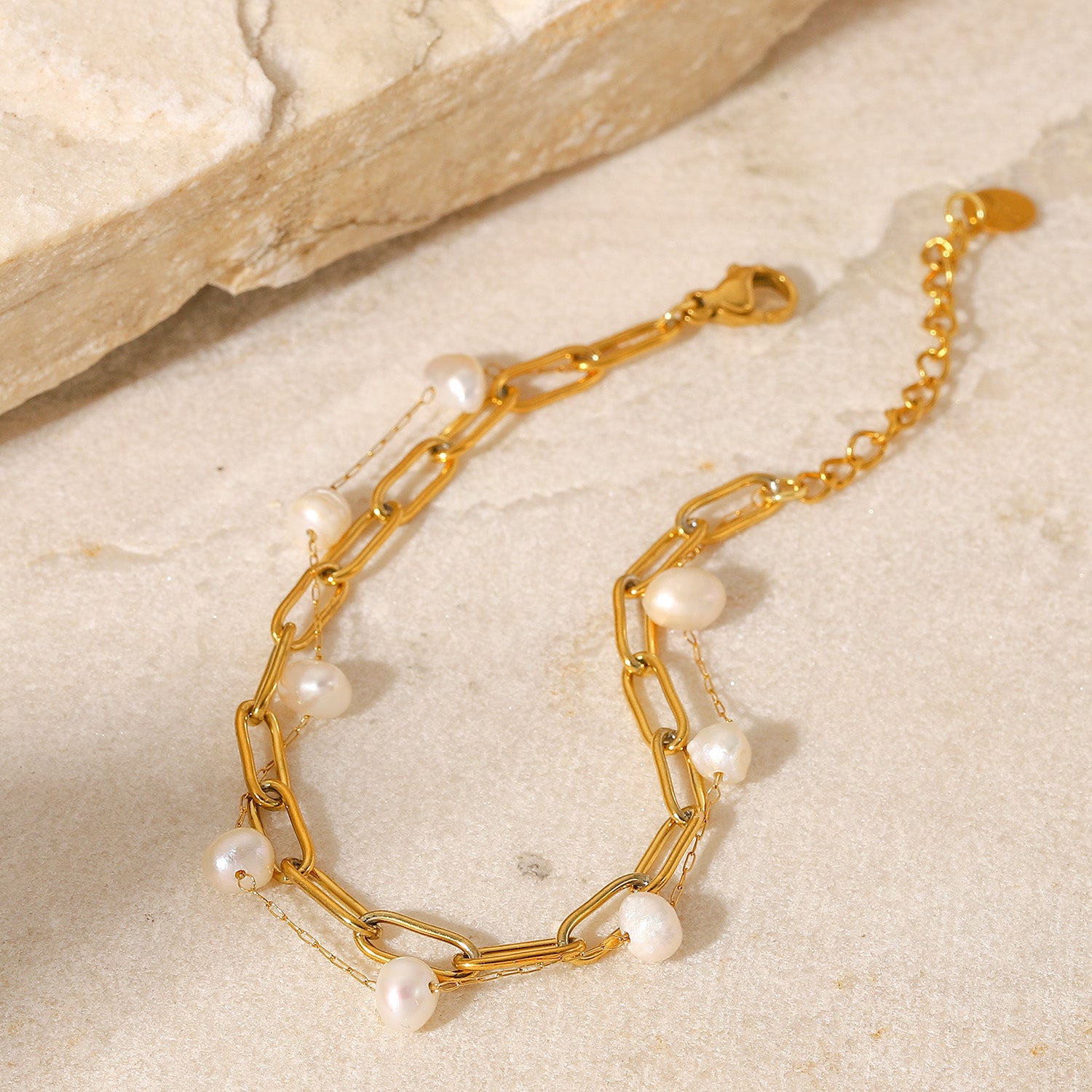 Paper Chain Pearl Bracelet 18K Gold Stainless Steel Non Tarnish Unbranded
