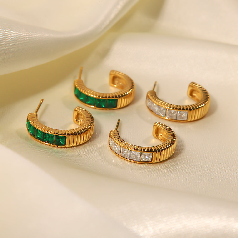Allure Ribbed Emerald Cubic Zirconium Half Hoops Stainless Steel Non Tarnish Unbranded