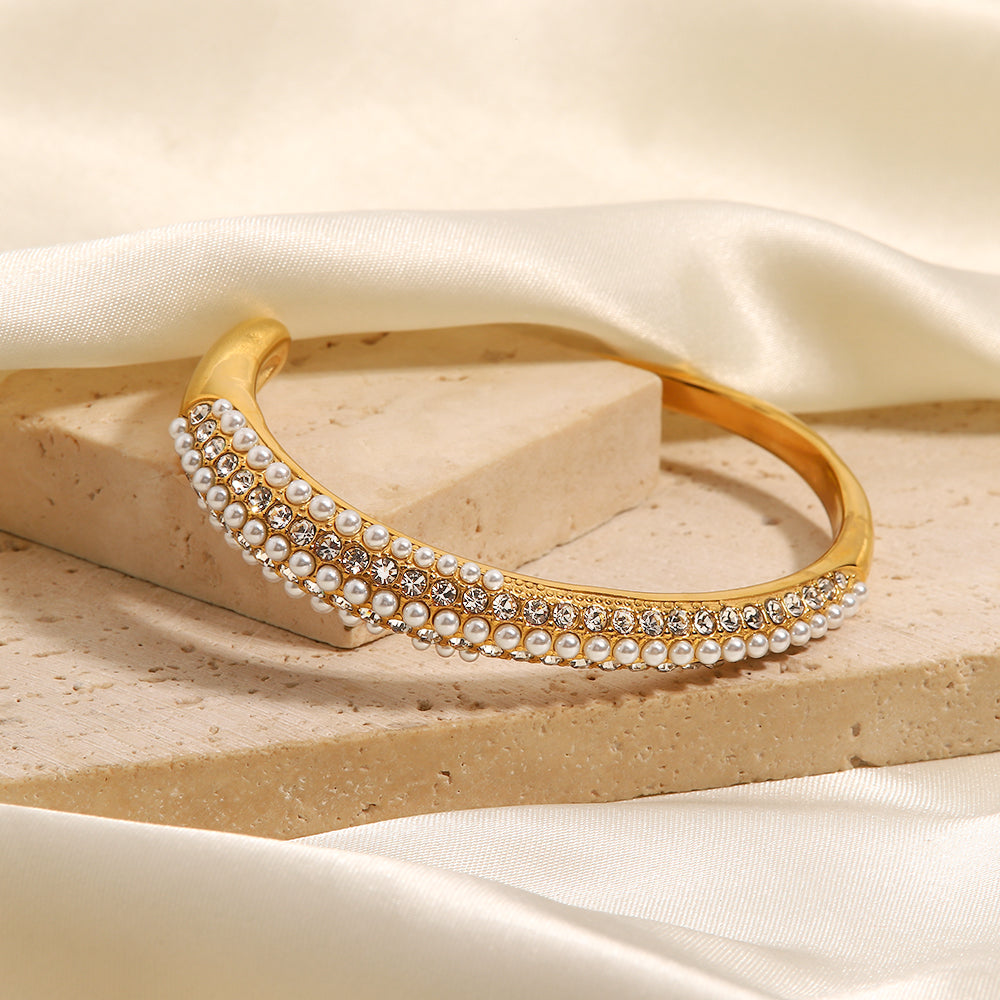 Zarina Pearl Zirconium Cuff Bangle Stainless Steel Non Tarnish Unbranded