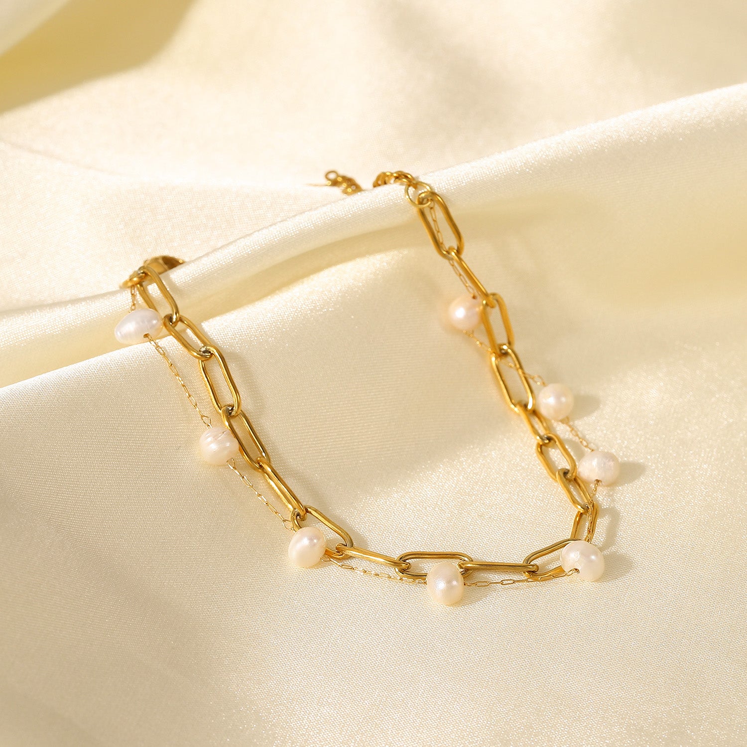 Paper Chain Pearl Bracelet 18K Gold Stainless Steel Non Tarnish Unbranded