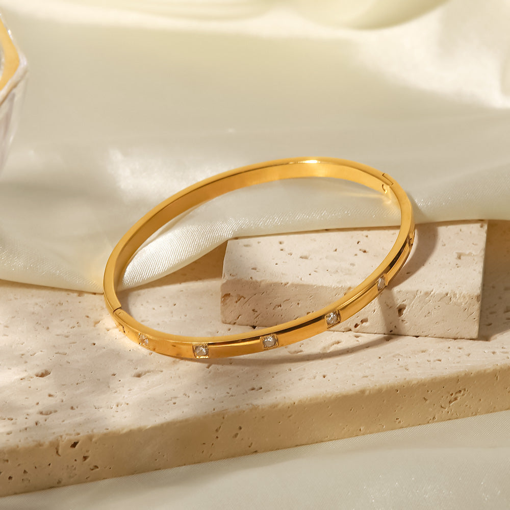7 Stone Gold Bangle Non Tarnish Stainless Steel UrbanFunkUK