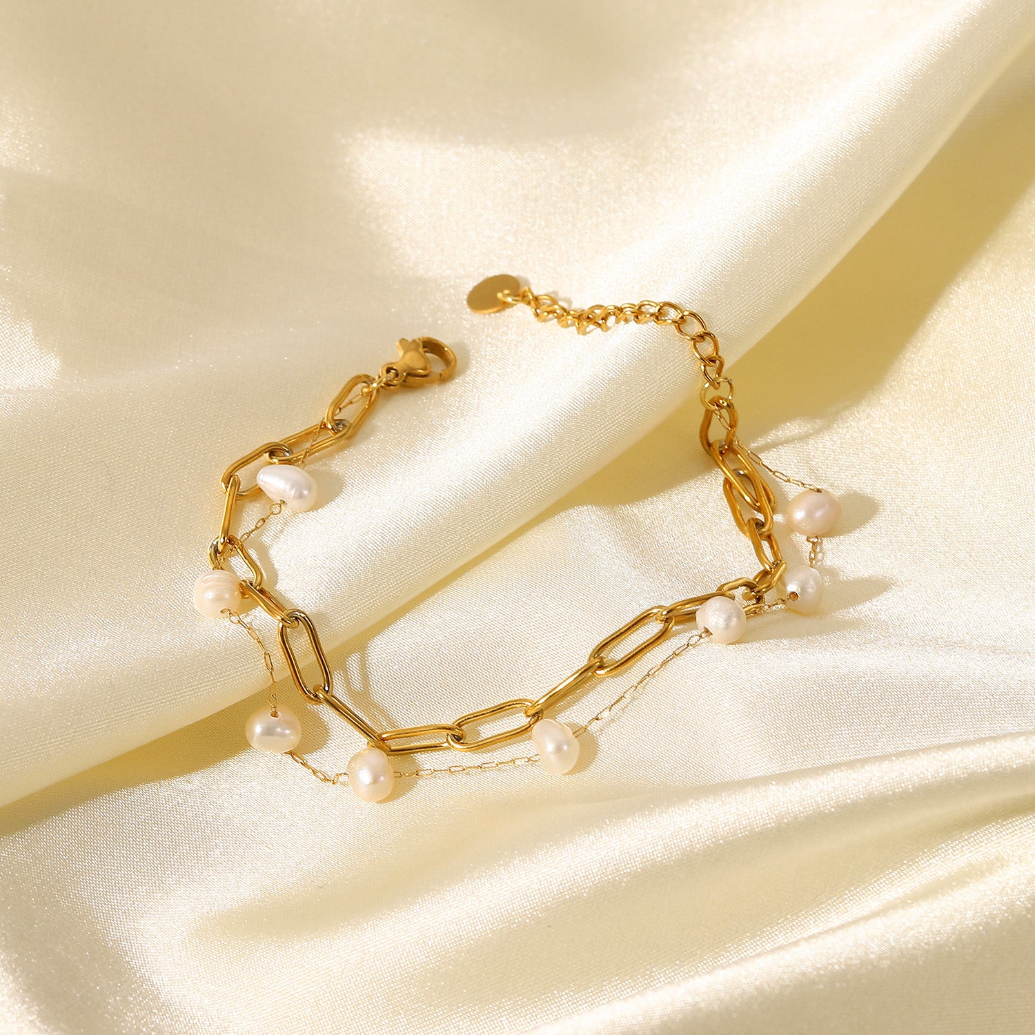 Paper Chain Pearl Bracelet 18K Gold Stainless Steel Non Tarnish Unbranded