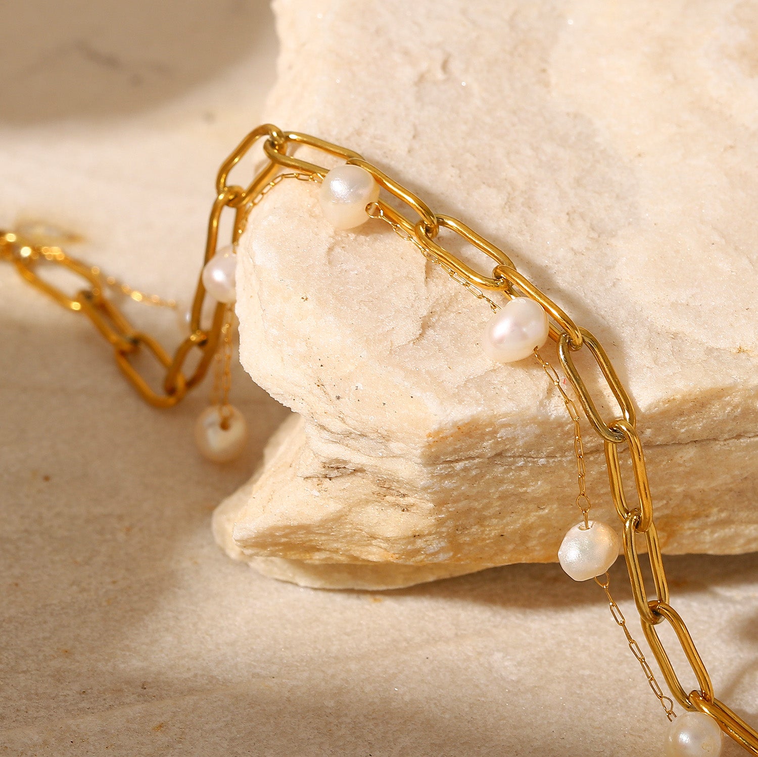 Paper Chain Pearl Bracelet 18K Gold Stainless Steel Non Tarnish Unbranded
