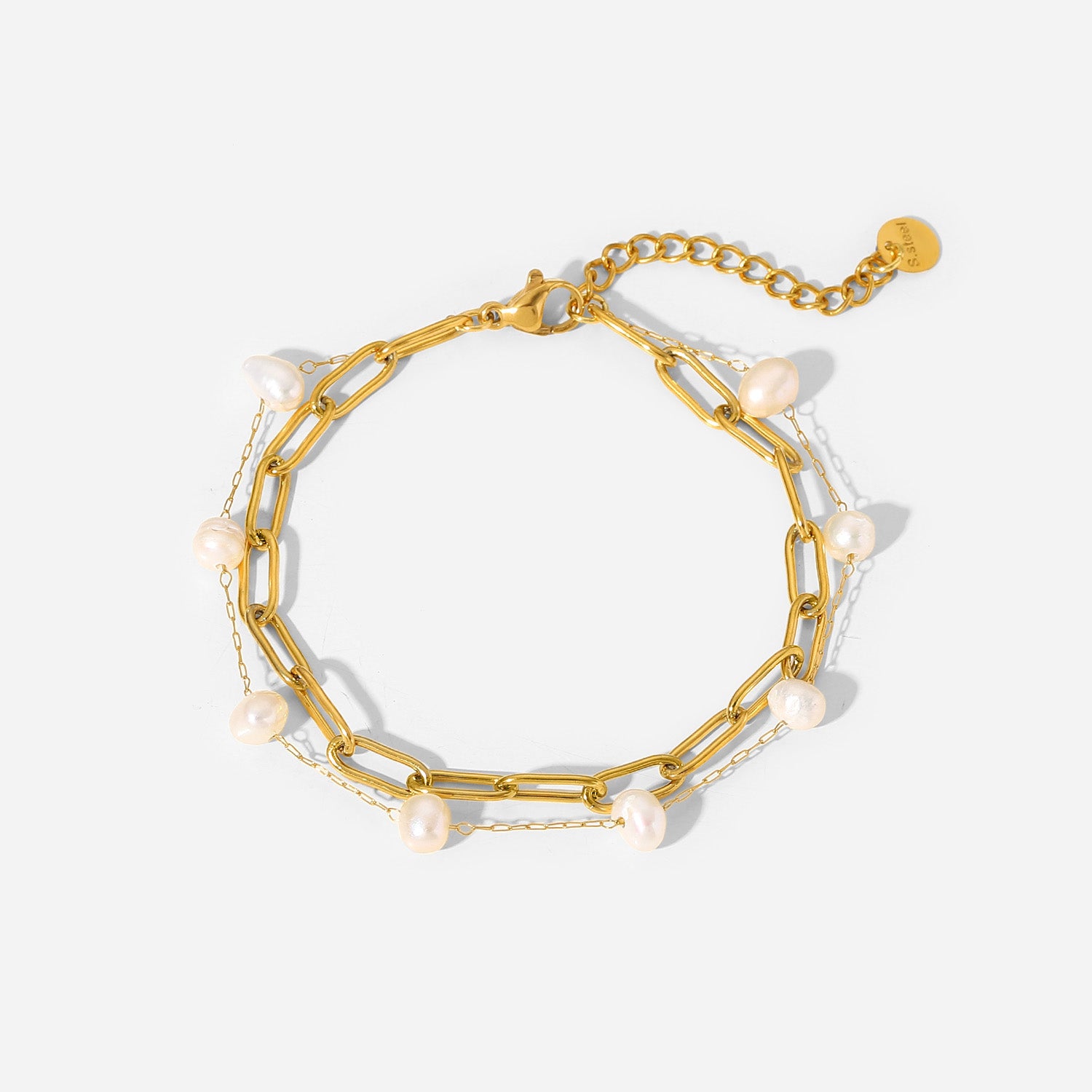Paper Chain Pearl Bracelet 18K Gold Stainless Steel Non Tarnish Unbranded