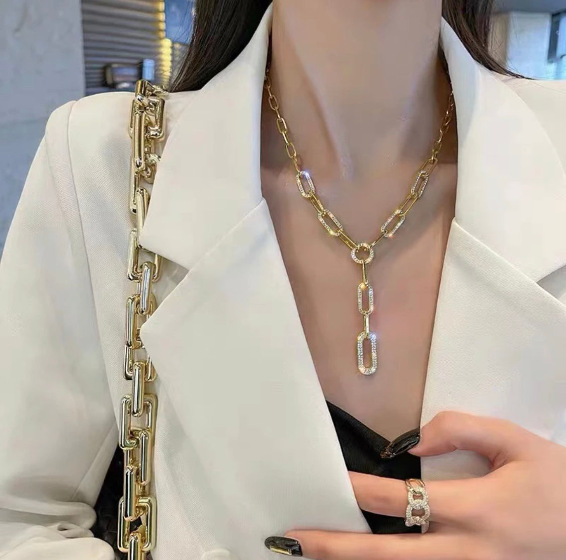 Kara Link Chain Zirconia Lariat Necklace Stainless Steel Non Tarnish Unbranded