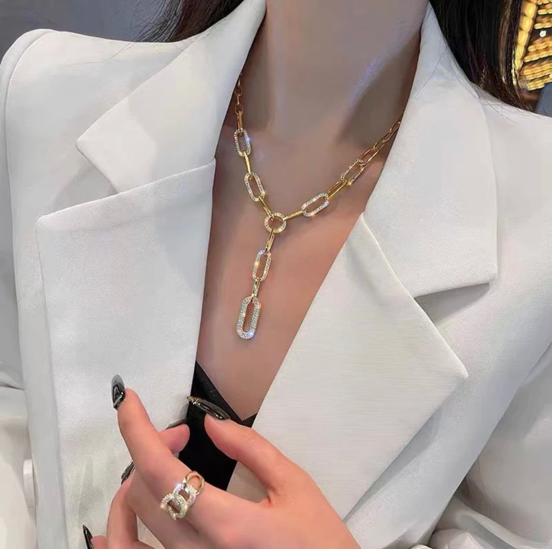 Kara Link Chain Zirconia Lariat Necklace Stainless Steel Non Tarnish Unbranded