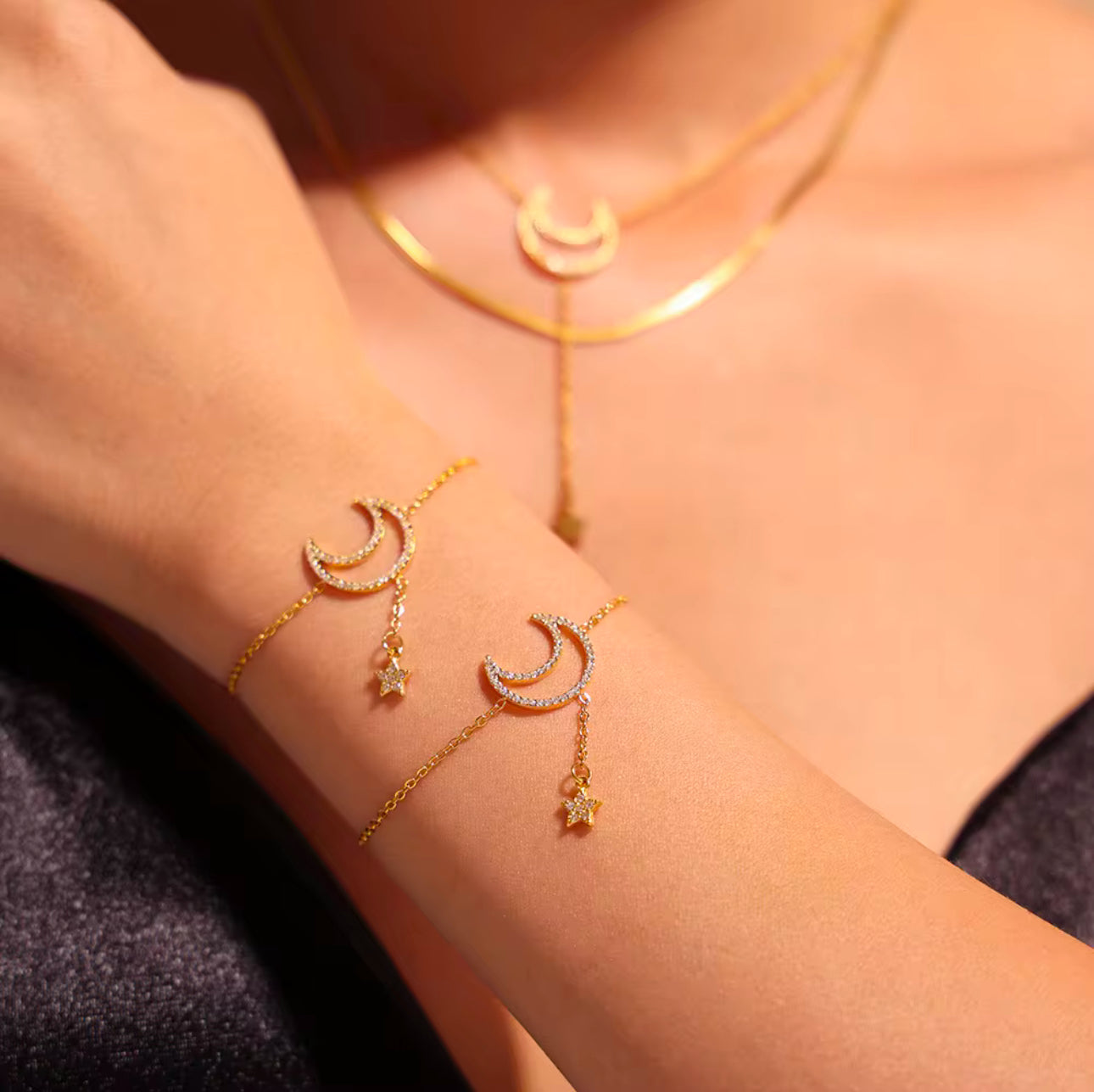 Moon & Star Stone Necklace Gold & Silver