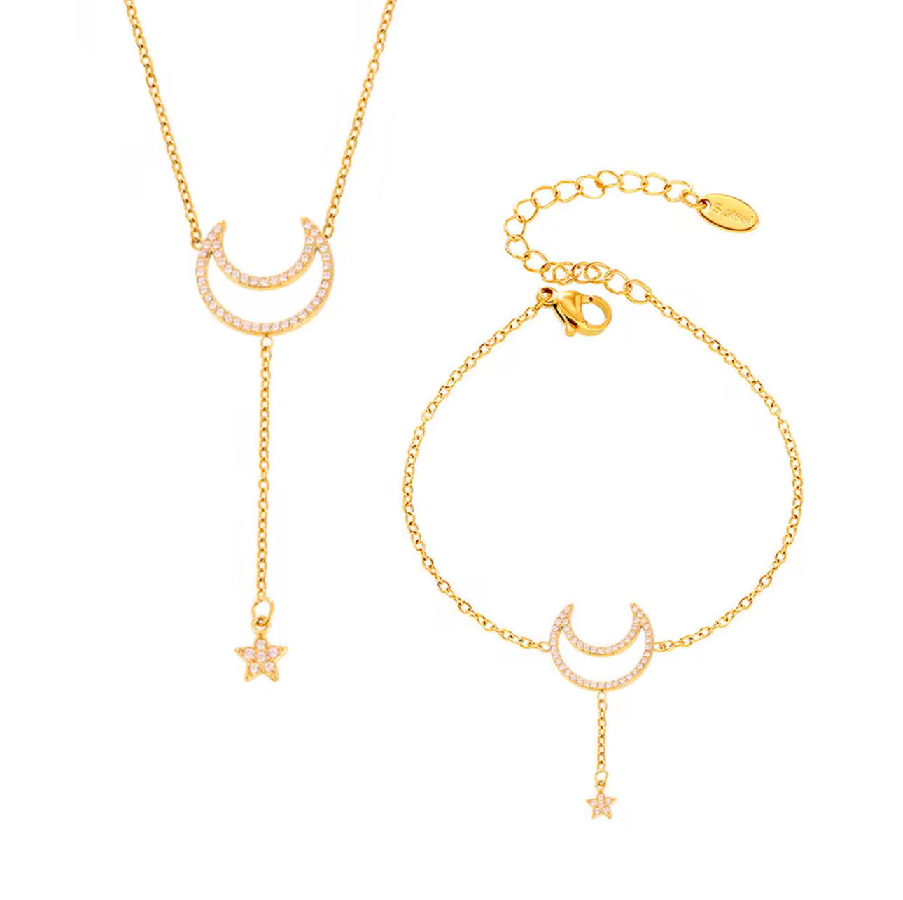 Moon & Star Stone Necklace Gold & Silver