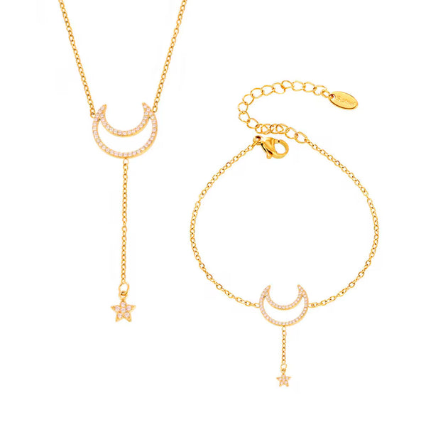 Moon & Star Stone Necklace Gold & Silver