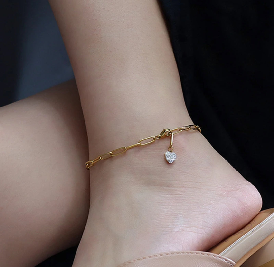 Diamante Heart Paperclip Anklet Stainless Steel Non Tarnish Unbranded