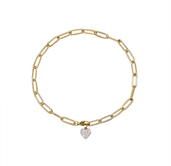 Diamante Heart Paperclip Anklet Stainless Steel Non Tarnish Unbranded
