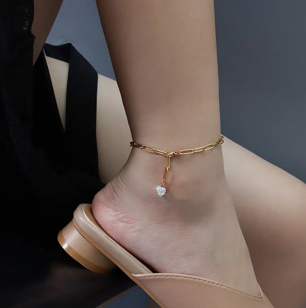 Diamante Heart Paperclip Anklet Stainless Steel Non Tarnish Unbranded