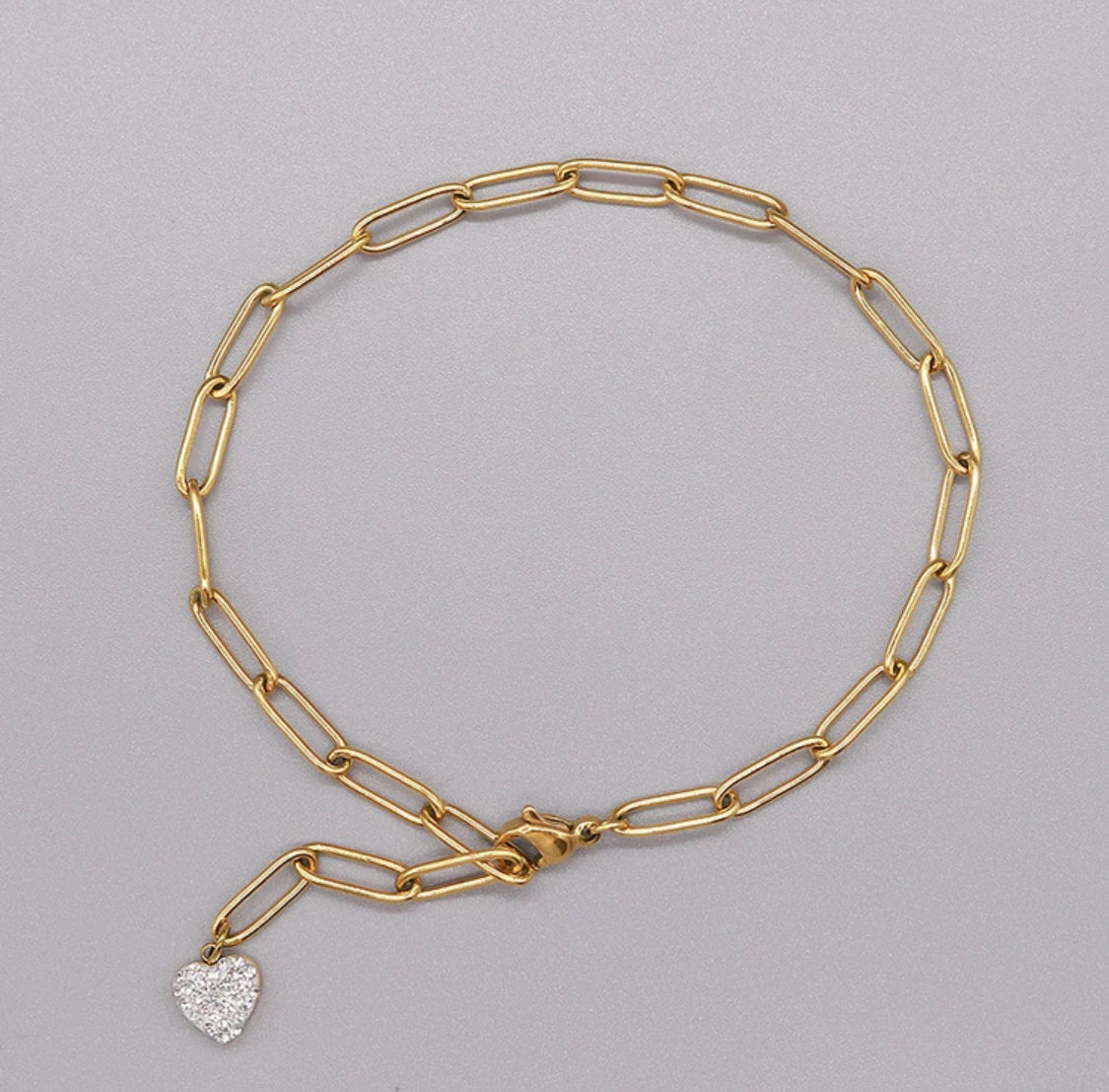Diamante Heart Paperclip Anklet Stainless Steel Non Tarnish Unbranded