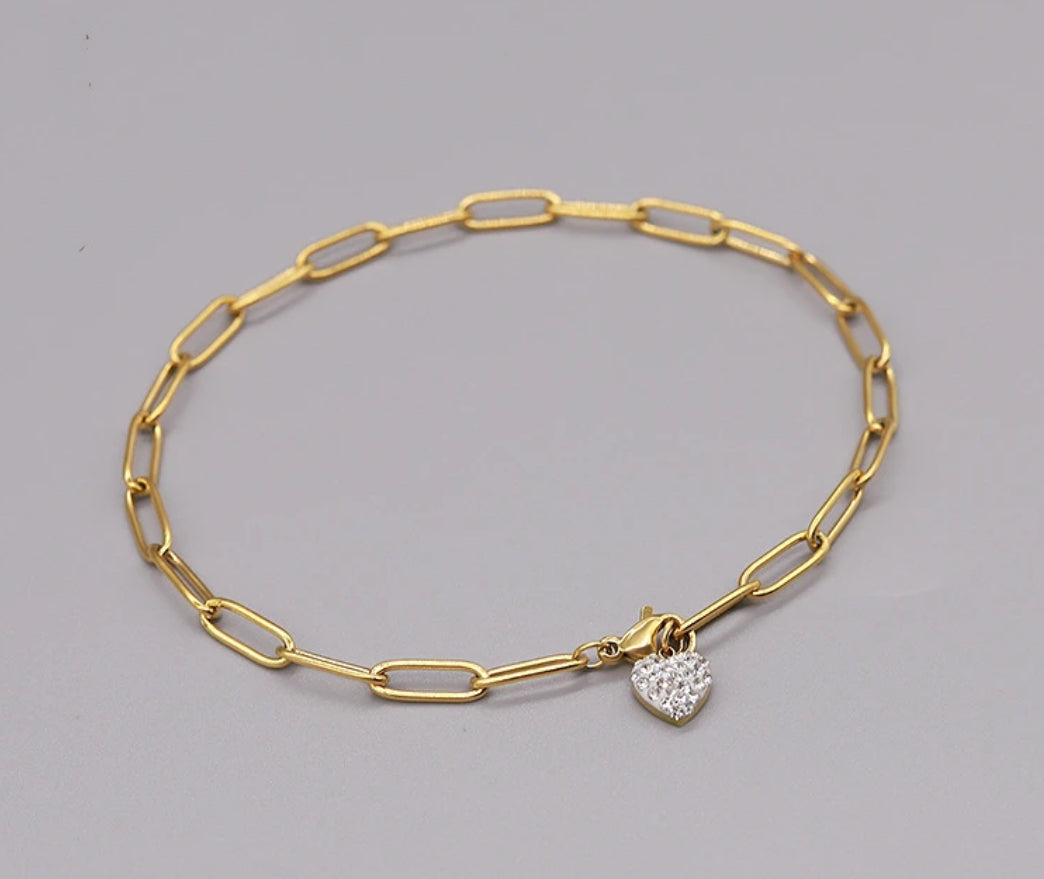 Diamante Heart Paperclip Anklet Stainless Steel Non Tarnish Unbranded