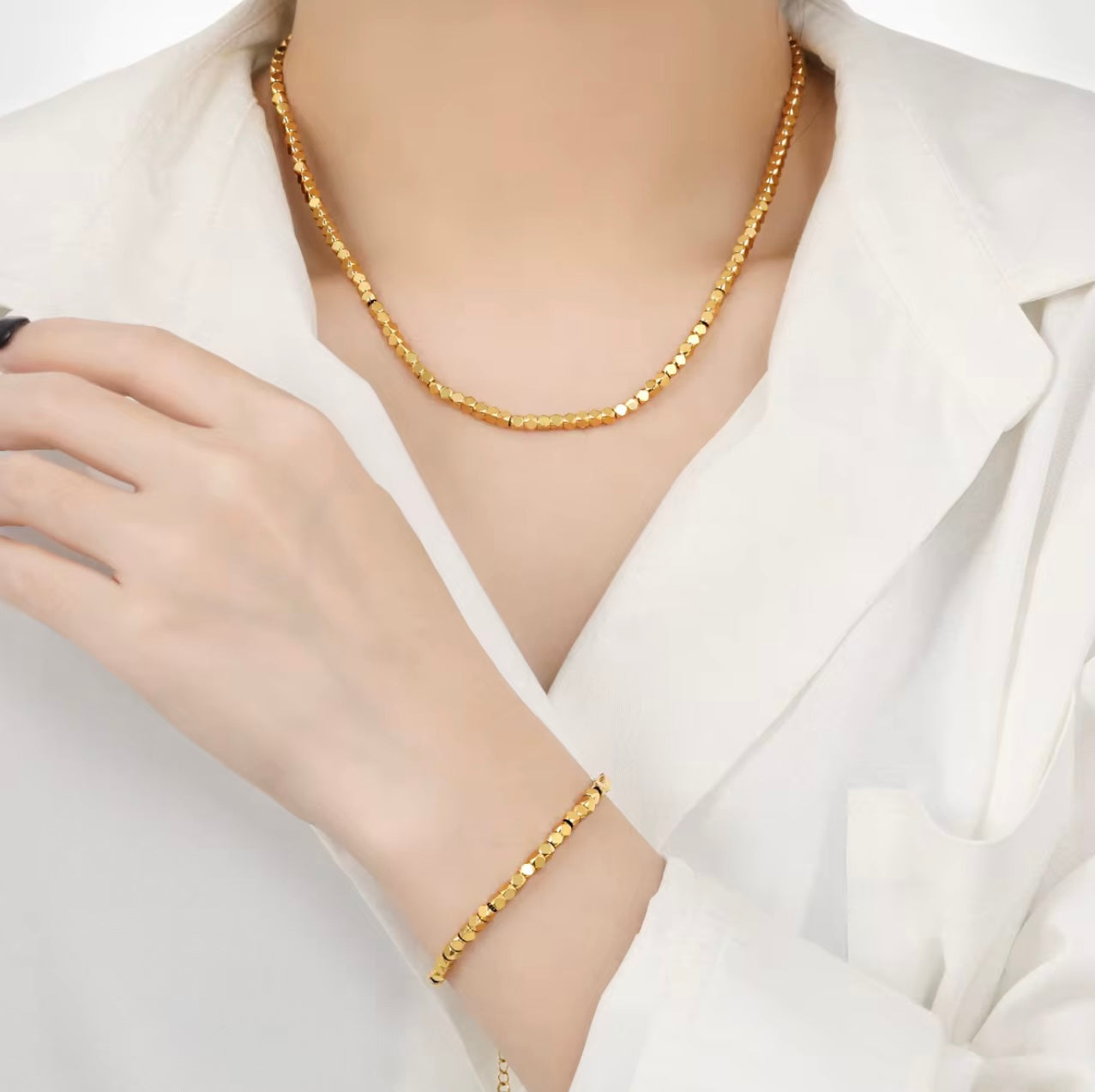 Cube Bead Bracelet & Necklace Set Non Tarnish Unbranded