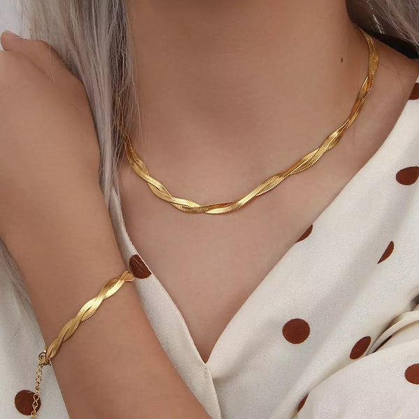 Twisted Snake Chain Necklace & Bracelet Set Stainless Steel Non Tarnish Unbranded