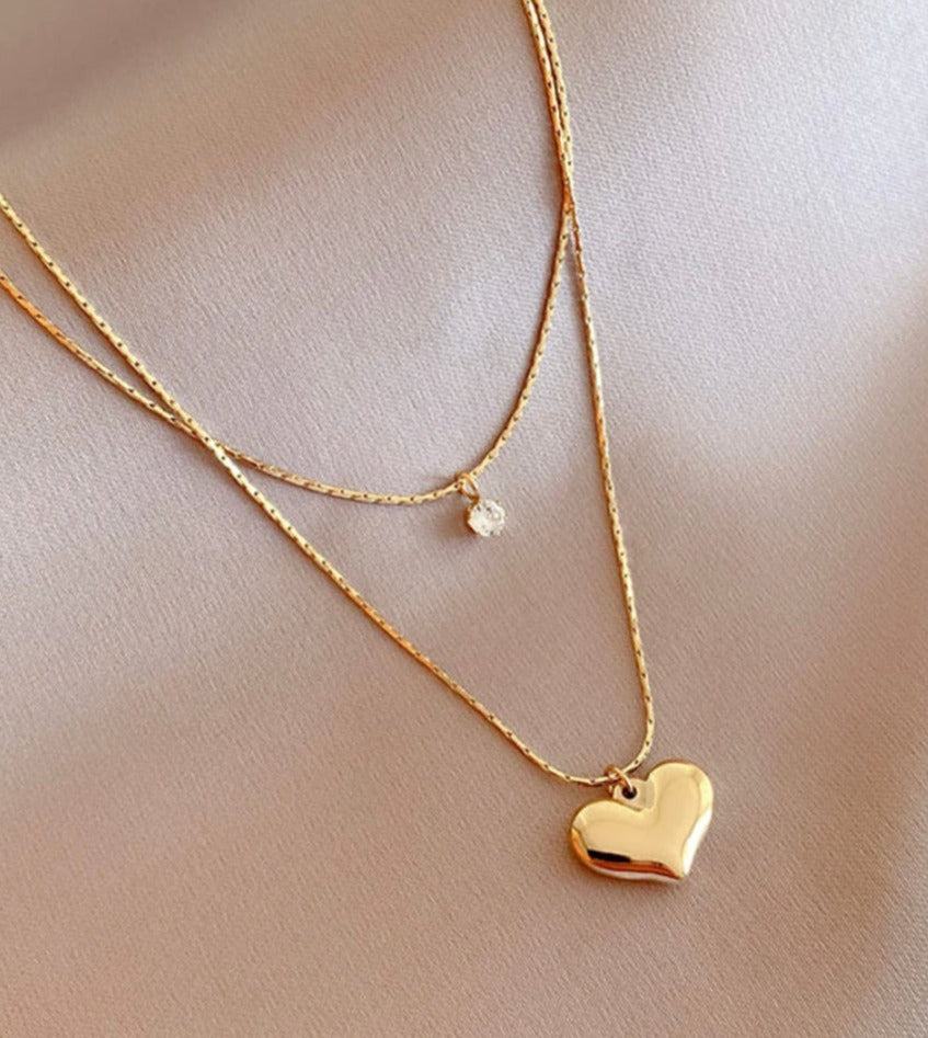 Heart Double Layer Zirconia Pendant Necklace Stainless Steel Non Tarnish Unbranded