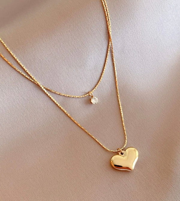 Heart Double Layer Zirconia Pendant Necklace Stainless Steel Non Tarnish Unbranded