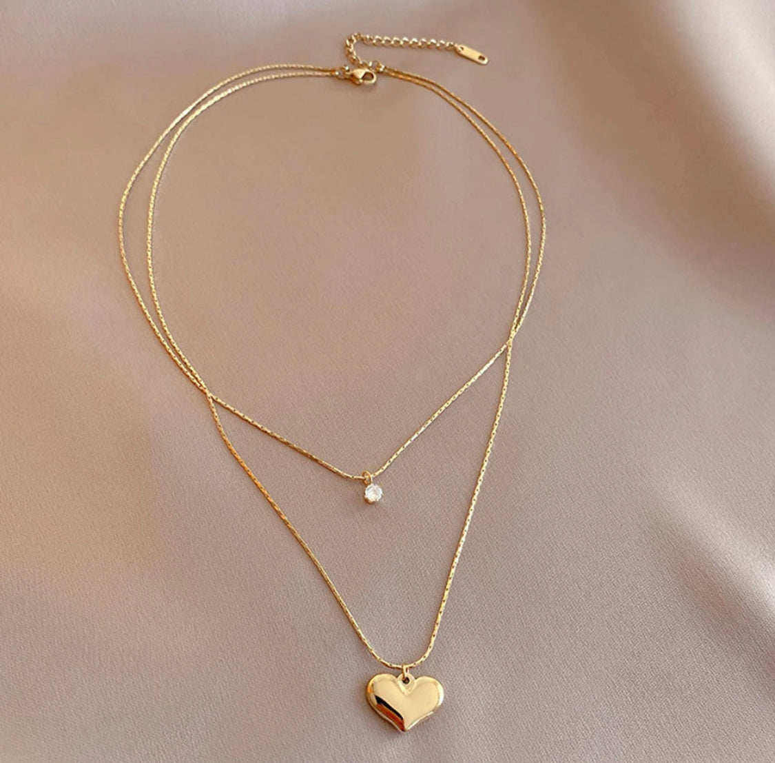 Heart Double Layer Zirconia Pendant Necklace Stainless Steel Non Tarnish Unbranded