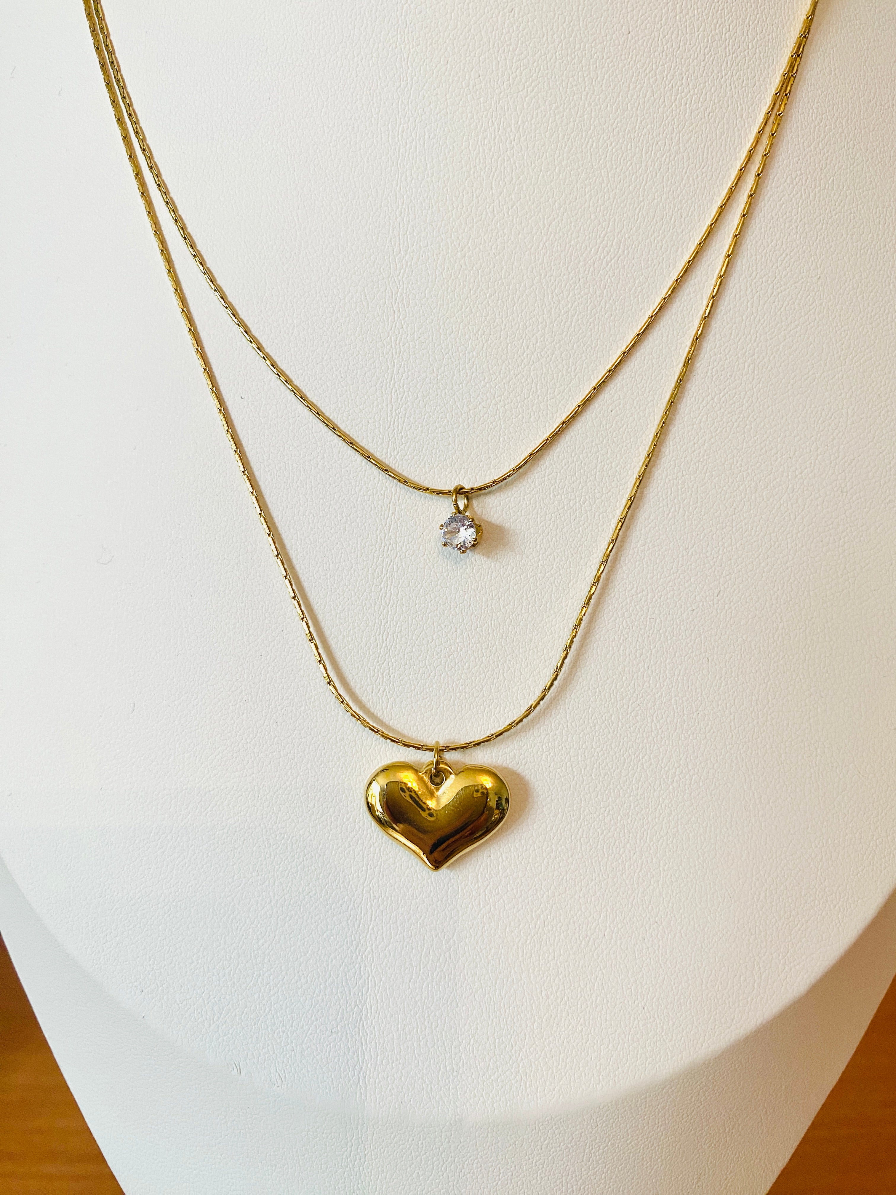 Heart Double Layer Zirconia Pendant Necklace Stainless Steel Non Tarnish Unbranded