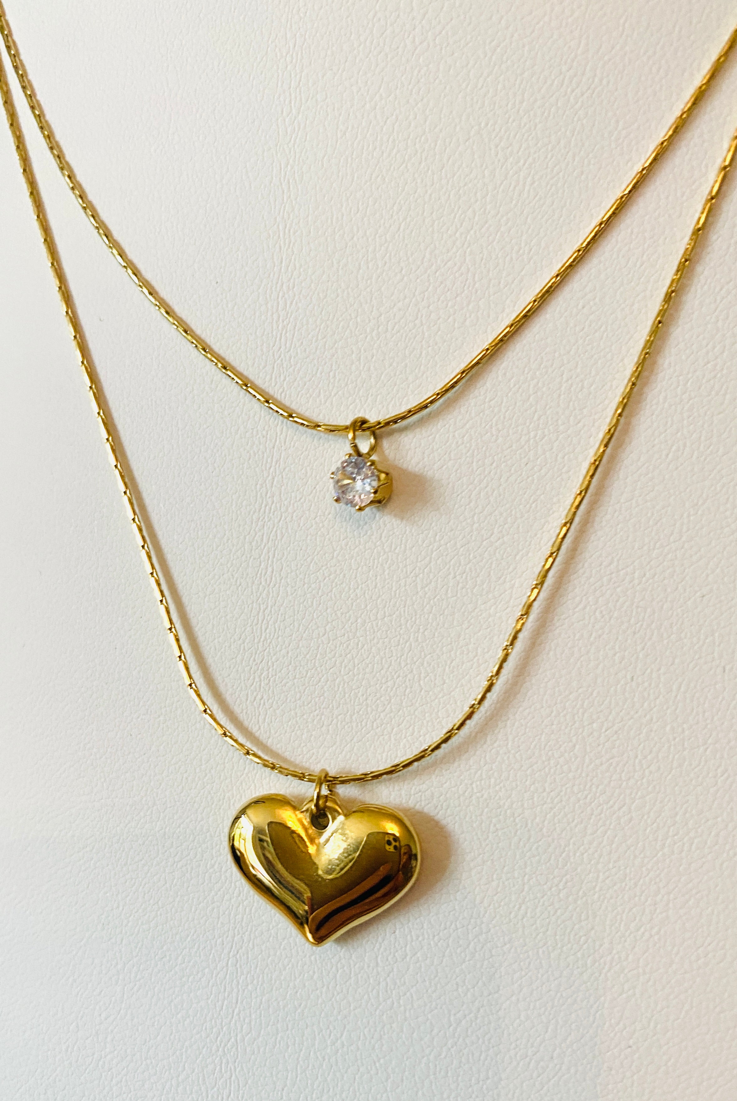 Heart Double Layer Zirconia Pendant Necklace Stainless Steel Non Tarnish Unbranded