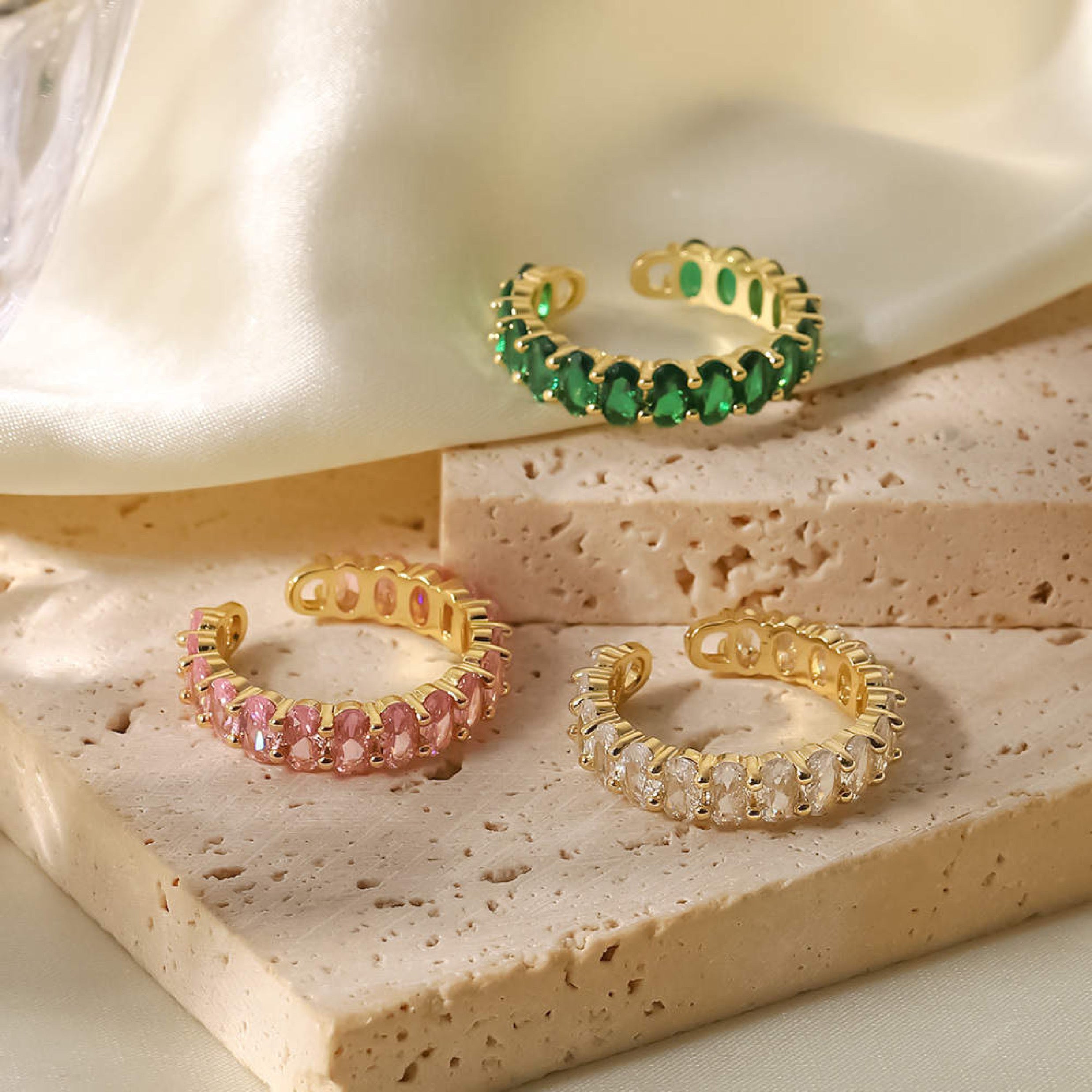 Aurora Adjustable Cubic Zirconium Ring Green Pink White Stone Stainless Steel Unbranded