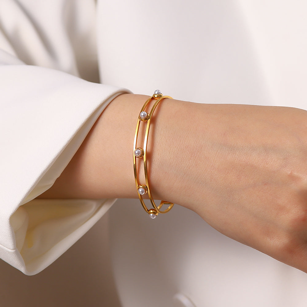 Pearl Gold Cuff Bangle Adjustable Stainless Steel Non Tarnish Unbranded