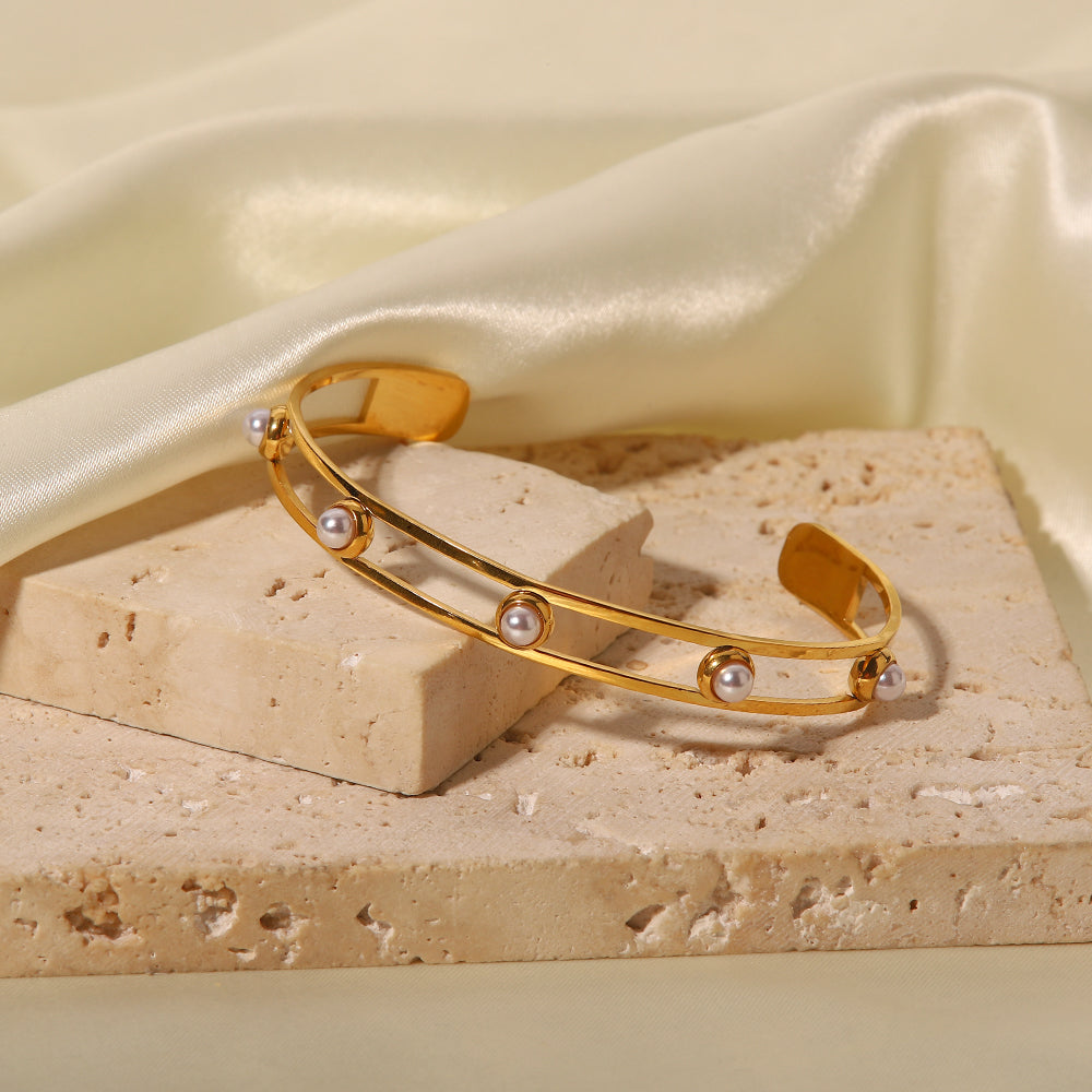 Pearl Gold Cuff Bangle Adjustable Stainless Steel Non Tarnish Unbranded