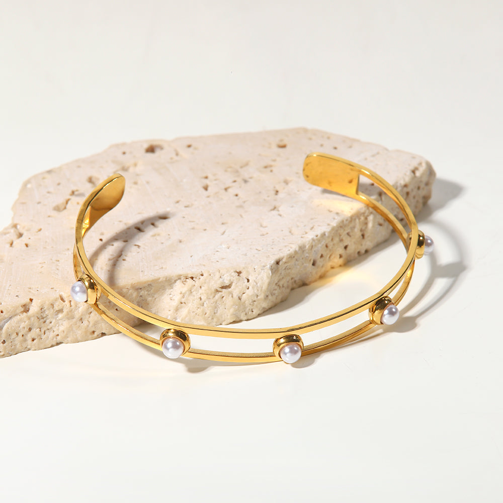 Pearl Gold Cuff Bangle Adjustable Stainless Steel Non Tarnish Unbranded