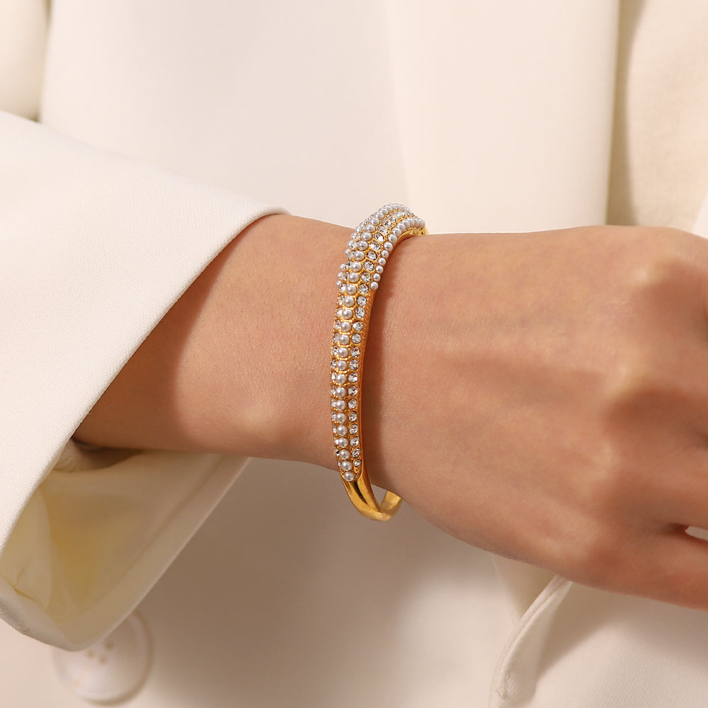 Zarina Pearl Zirconium Cuff Bangle Stainless Steel Non Tarnish Unbranded