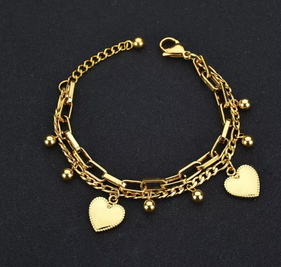 Women Ladies Stainless Steel 18K Gold Heart Charm Bracelet Jewellery Non Tarnish Unbranded