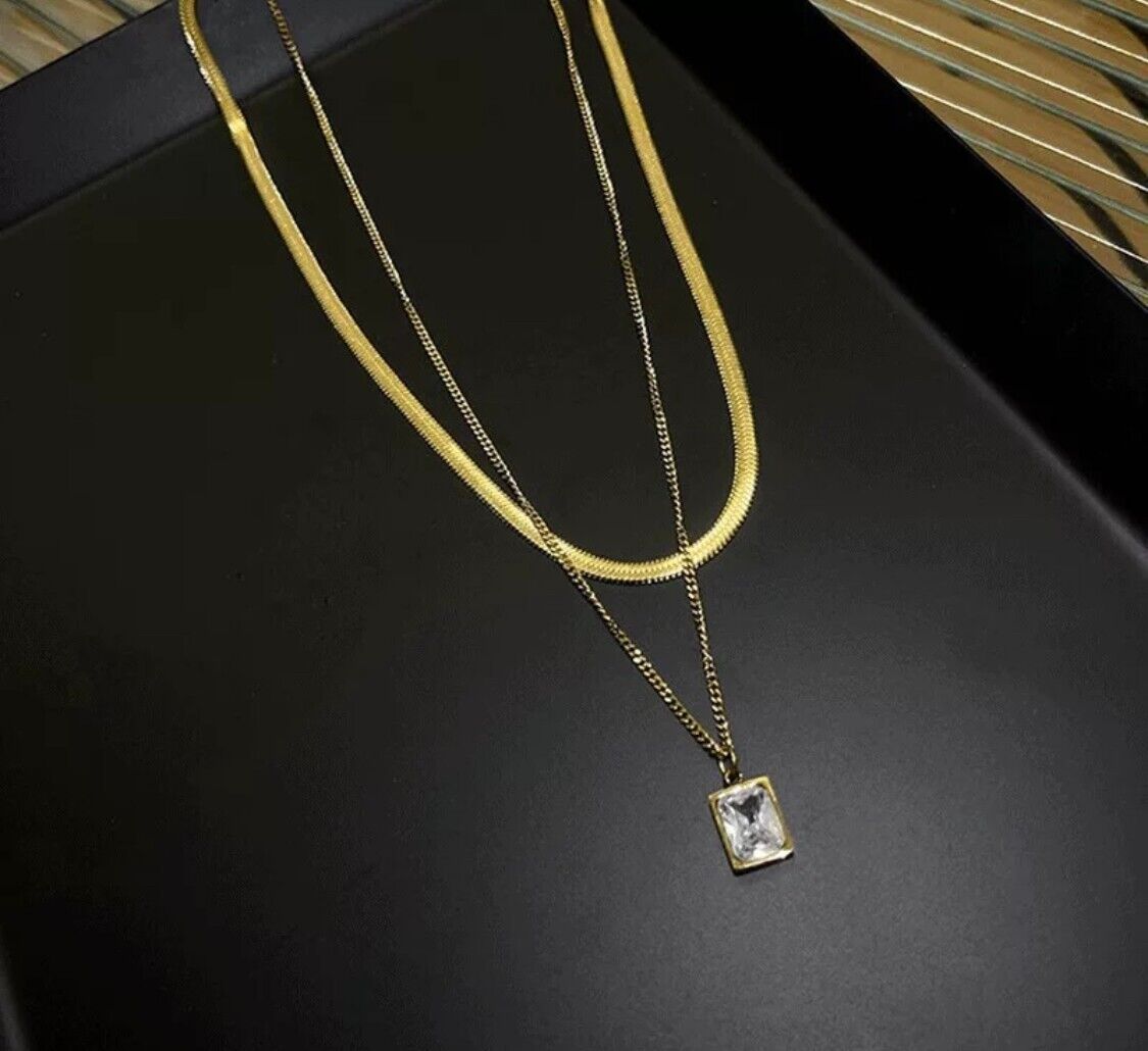 Chrystalla Double Layer Snake Necklace Stainless Steel 18K Gold Zircon Pendant Non Tarnish Women Ladies Unbranded