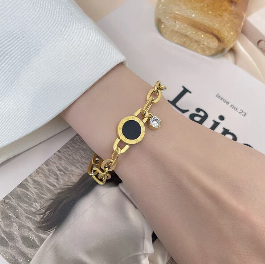 Roma Stone Link Chain Charm Bracelet Women Ladies Stainless Steel 18K Gold Jewellery Non Tarnish Unbranded