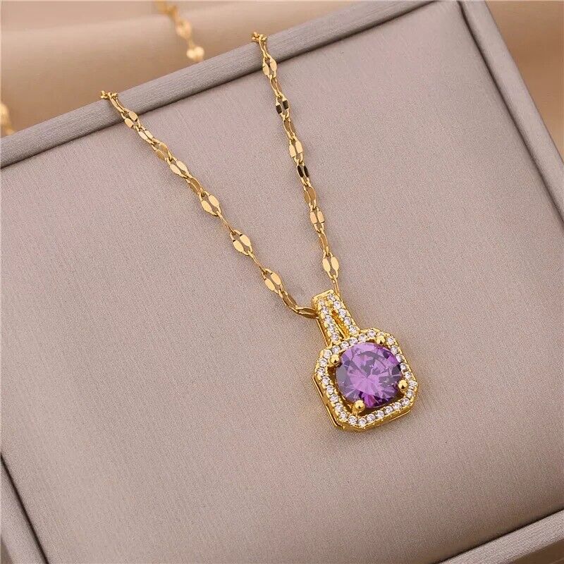 Safeena Square Pendant Necklace Women Ladies Stainless Steel 18K Gold Chain Zircon Non Tarnish Unbranded