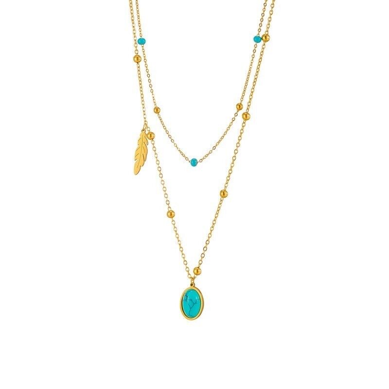 Raya Turquoise Charm Necklace Women Stainless Steel 18K Gold Pendant Layer Non Tarnish Unbranded