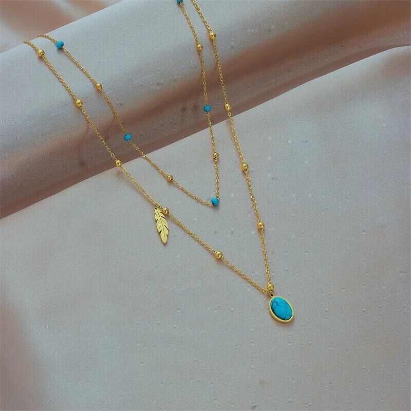 Raya Turquoise Charm Necklace Women Stainless Steel 18K Gold Pendant Layer Non Tarnish Unbranded