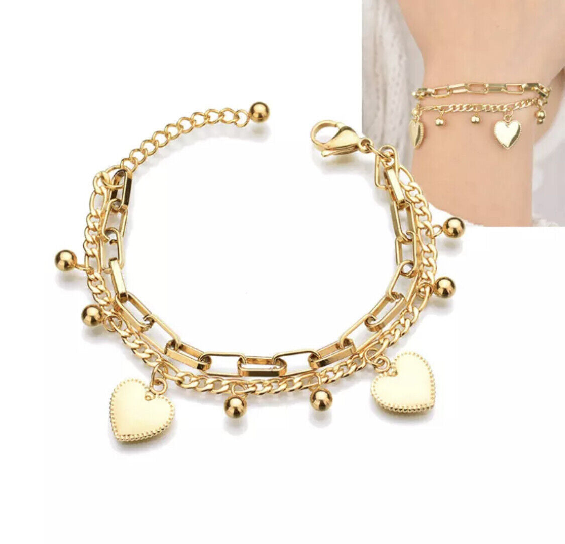 Women Ladies Stainless Steel 18K Gold Heart Charm Bracelet Jewellery Non Tarnish Unbranded