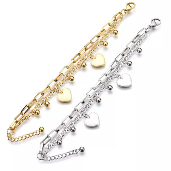 Women Ladies Stainless Steel 18K Gold Heart Charm Bracelet Jewellery Non Tarnish Unbranded