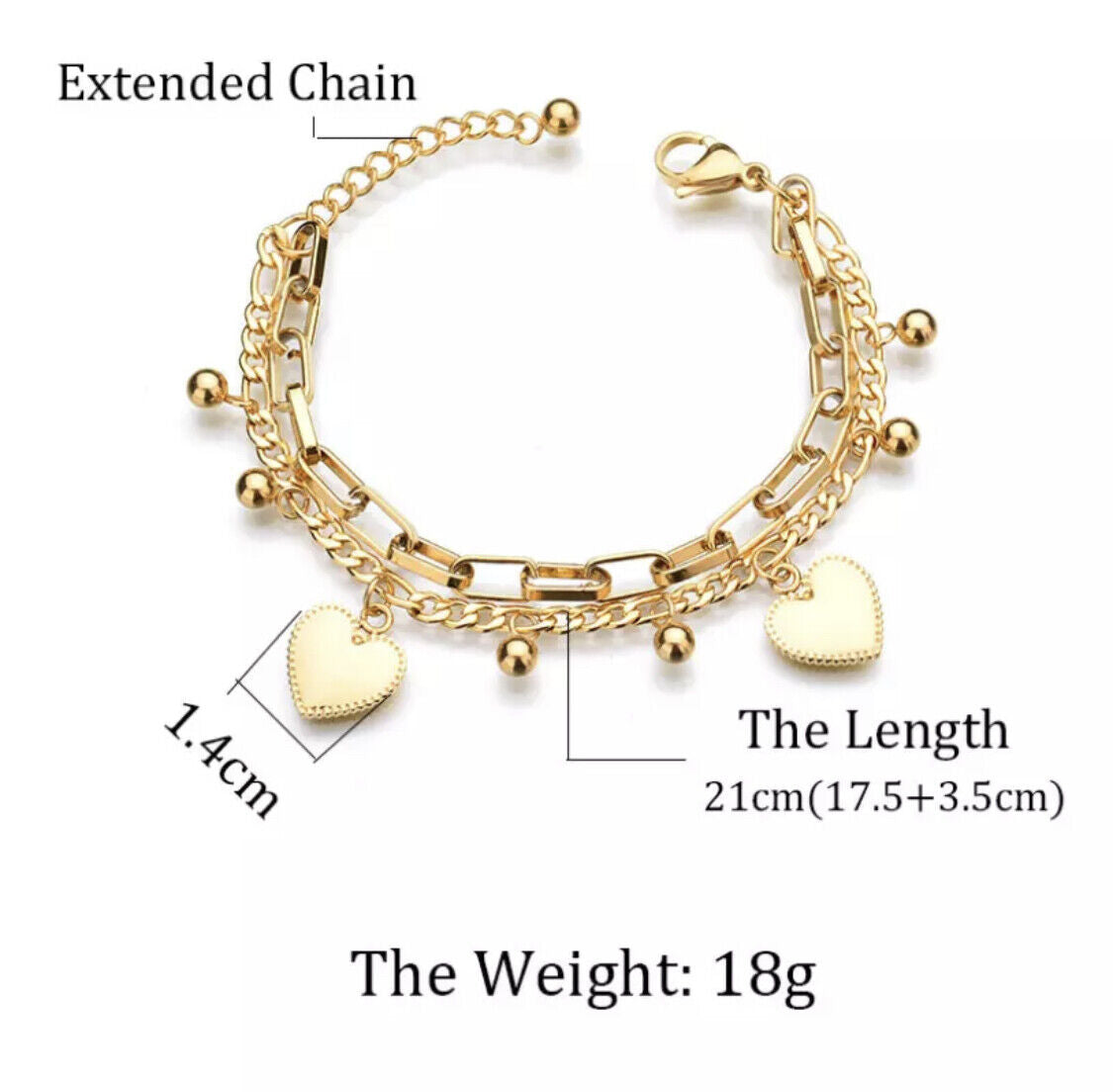 Women Ladies Stainless Steel 18K Gold Heart Charm Bracelet Jewellery Non Tarnish Unbranded