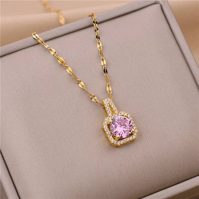Safeena Square Pendant Necklace Women Ladies Stainless Steel 18K Gold Chain Zircon Non Tarnish Unbranded