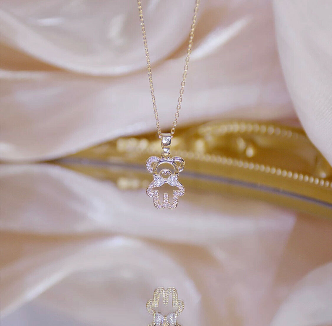 14k Gold Plated Necklace Teddy Bear Pendant Cubic Zirconia Kpop Chain Unbranded