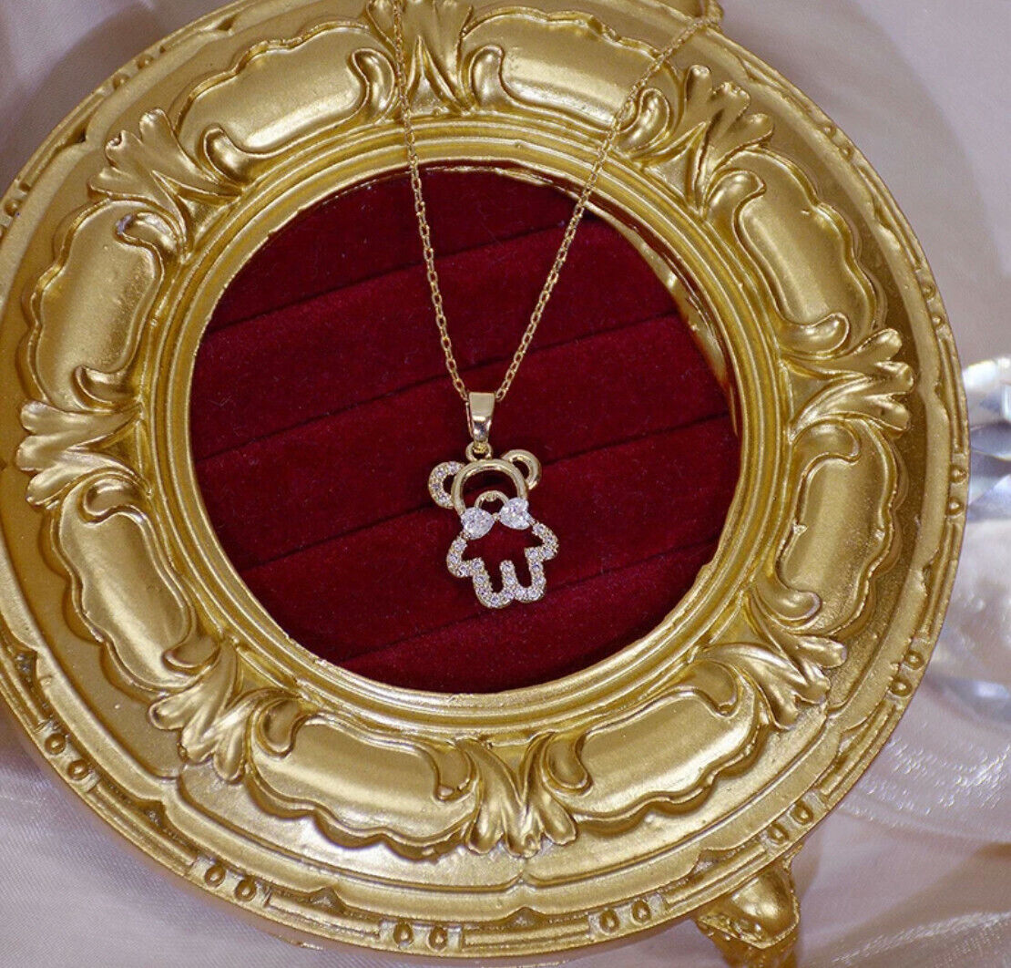14k Gold Plated Necklace Teddy Bear Pendant Cubic Zirconia Kpop Chain Unbranded